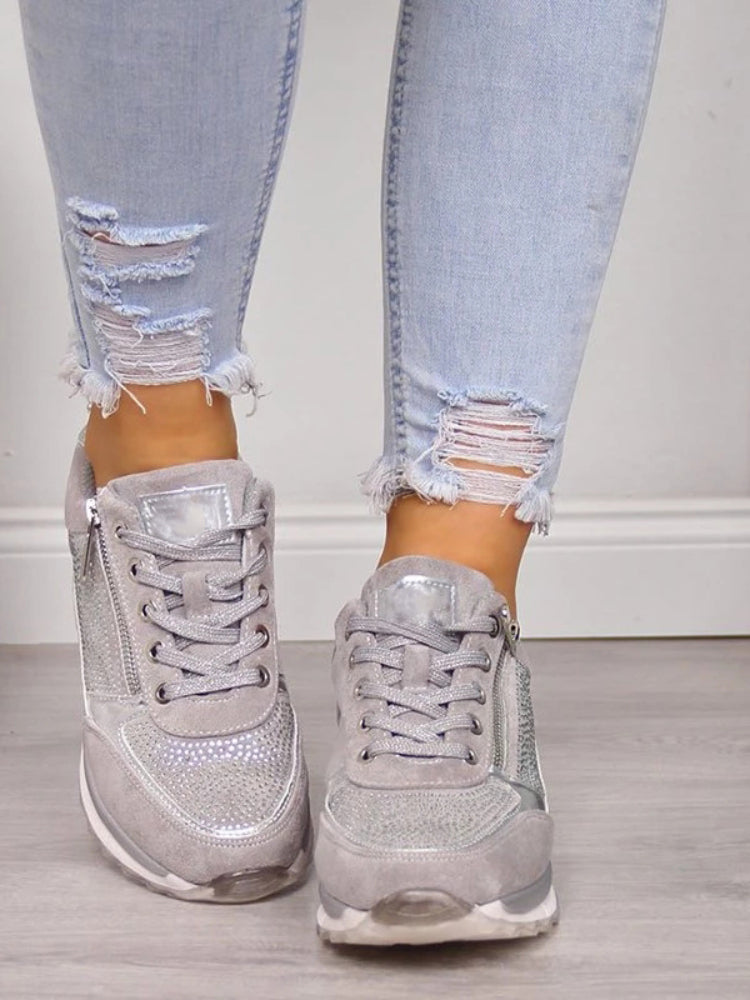 Amelia - Silver Lace-Up Sneakers with Zipper Closure