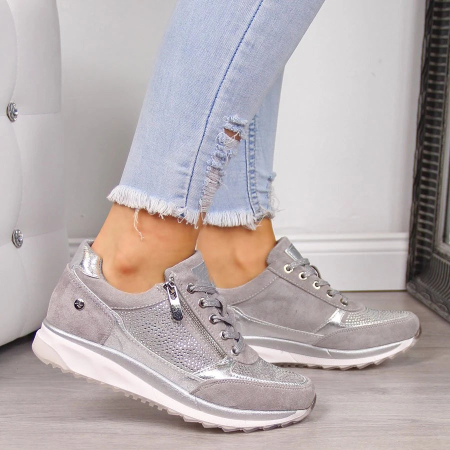 Amelia - Silver Lace-Up Sneakers with Zipper Closure