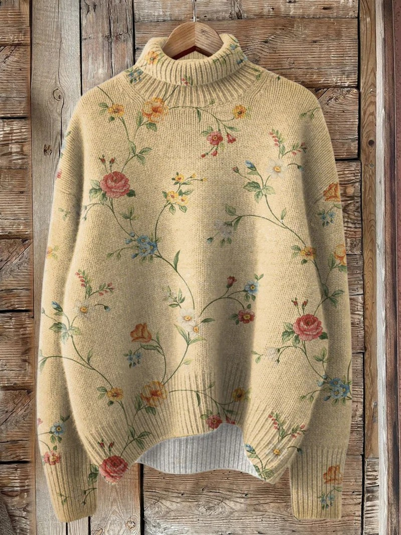 Cleo - Floral Art Print Turtleneck Pullover Sweater